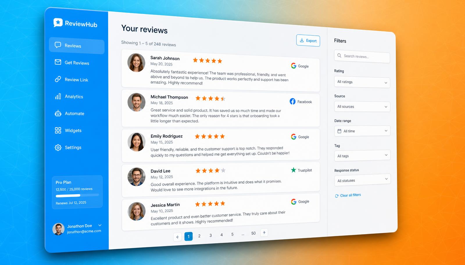 Preview of the review management dashboard